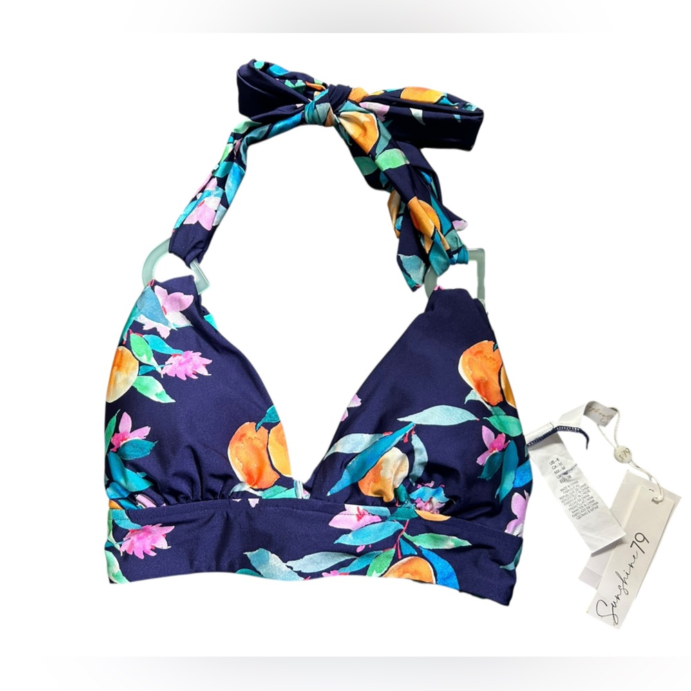 SUNSHINE 79 navy floral banded peaches halter style bikini swim top size 6 NWT - Picture 4 of 7